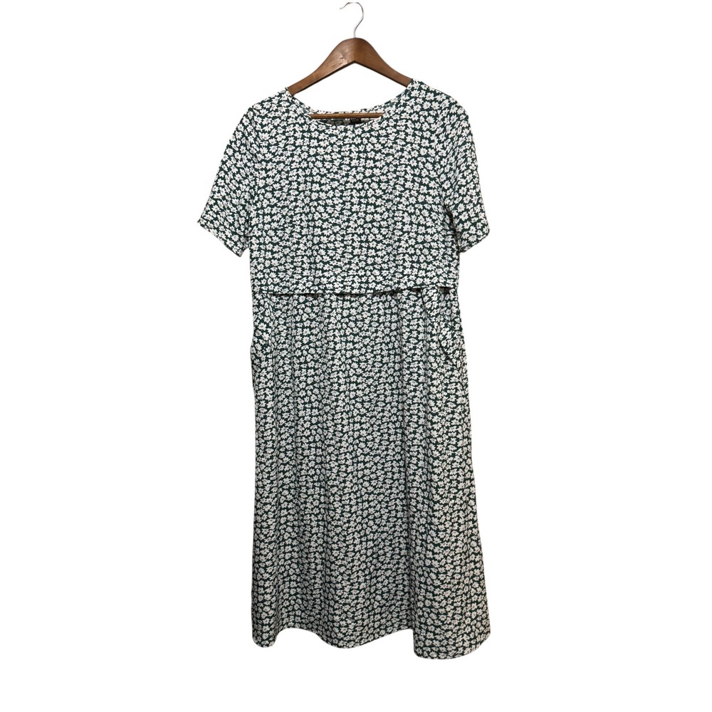 Emery Rose Midi Dress Womens Small Green Floral Excellent Short Sleeve Pockets